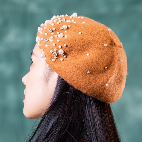 Versatile Beret Knitted Water Diamond Women's Winter British Retro Pumpkin Hat 1Pcs
