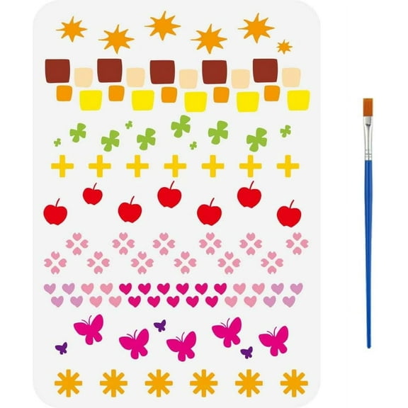 Versatile Border Drawing Stencil with Paint Brush 11.7x8.3 inch 9 Styles Border Template Flower Butterfly Heart Geometry Border Stencil for Painting on Wood Wall Fabric Furniture colorful DIY