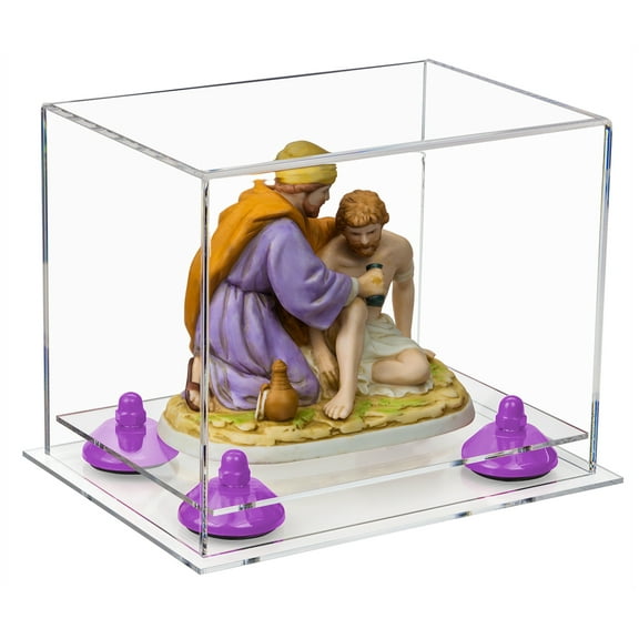 Versatile Clear Acrylic Display Case - Small Rectangle Box with Purple Risers and Clear Base 8.25" x 6" x 6.75" (A003-PR)