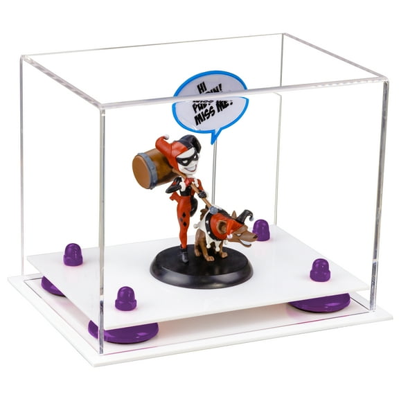 Versatile Clear Acrylic Display Case - Small Rectangle Box with Purple Risers and White Base 8.25" x 6" x 6.75" (A003-PR)