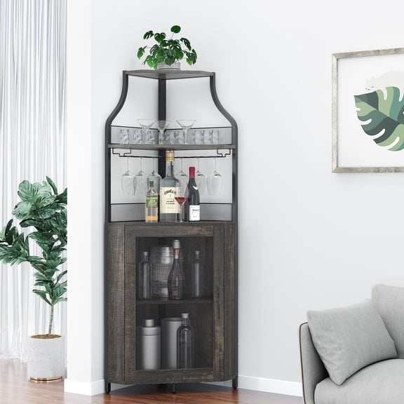 Versatile Corner Bar Cabinet with Detachable Wine Rack Removable Glass Holder Adjustable Shelves 5 Tier Mesh and Glass Doors LED Lighting for Dining Room Home Wine Furniture