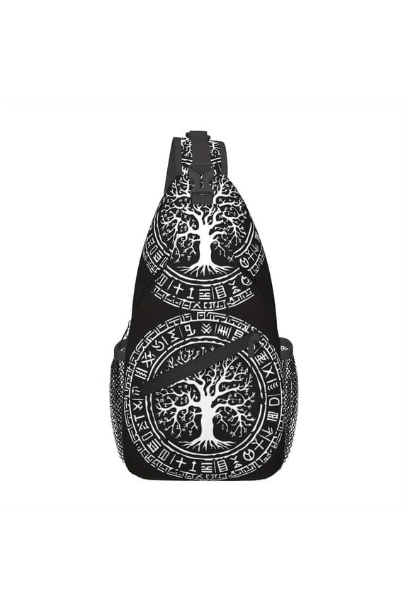 A Versatile Crossbody Chest Bag Designed for Hiking, Featuring a Viking Symbol And a Tree of Life. This Shoulder Bag Is Foldable, Spacious, And Stylish, Making It Suitable for Shopping