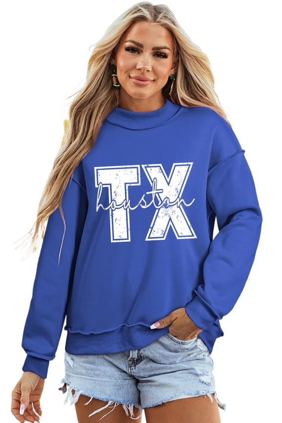 Versatile Dark Blue Texas Print Mock Neck Sweatshirt – Perfect for Autumn Outings, M