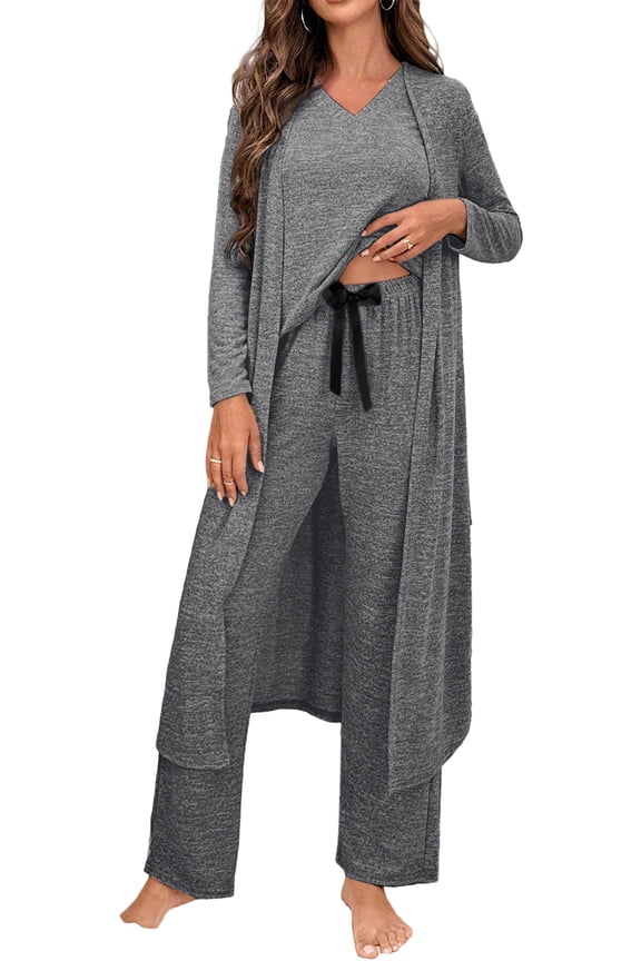 Versatile Dark Grey 3-Piece Lounge Set – Women's V Neck T-Shirt, High Waist Pants & Duster, M