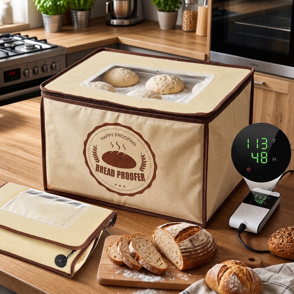 YEERSWAG Foldable Bread Dough Proofer Box, 3-Side Even Heating 32L Capacity, 50-113F Adjustable Temp & 0-48H Timer, Waterproof Insulated Fermentation for Sourdough, Pizza Dough, Yogurt, Kombucha