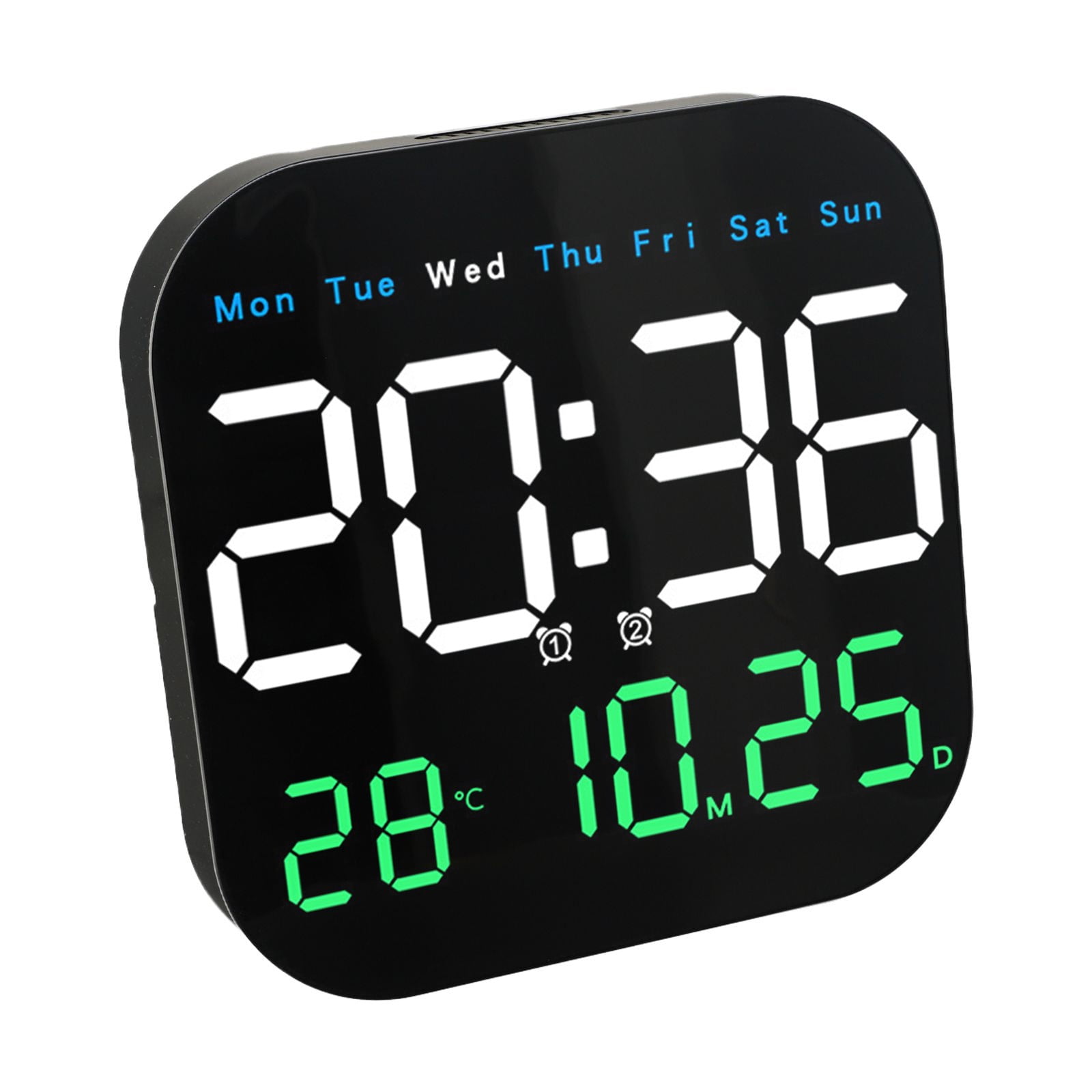 Versatile electronic clock with day and date display temperature