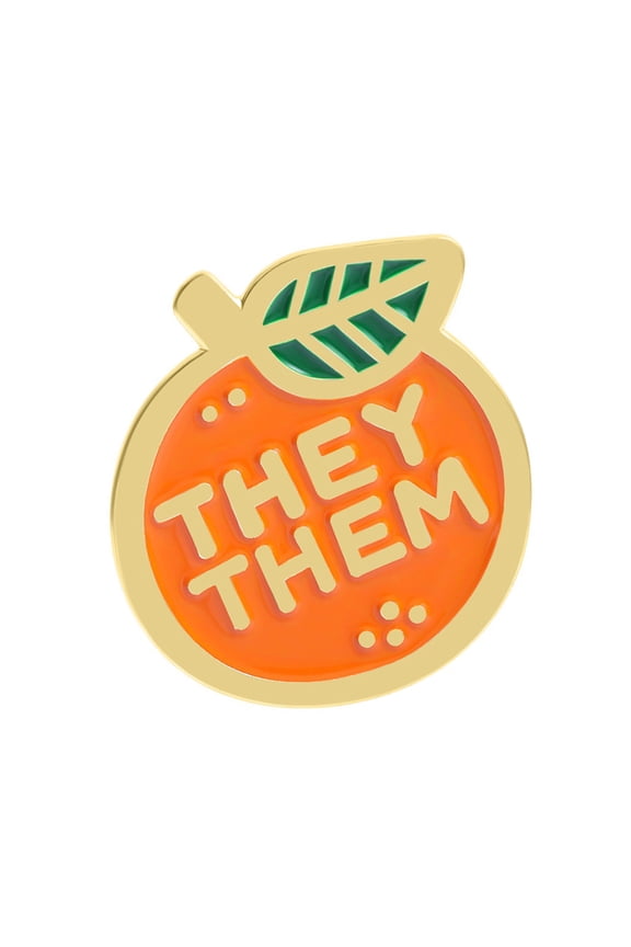 Versatile Enameled Pin for Gender Featuring Oranges Fruit Symbol and Pronoun Designs THEY SHE/HER Gift