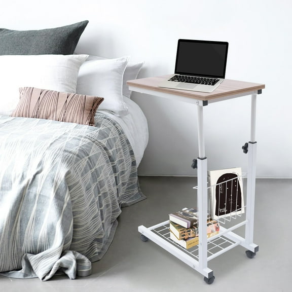 Versatile End Table with Storage, Adjustable Height, Lockable Wheels, and Antique Oak Minimalist Style