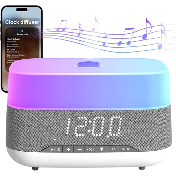 Versatile Essential Oil Diffuser, 300ml Aroma Diffuser with Bluetooth Speaker and Alarm Clock, 7 Colors LED Light Aromatherapy Diffusers & Cool Mist Humidifier 3-Level Brightness, Auto-Off Protection