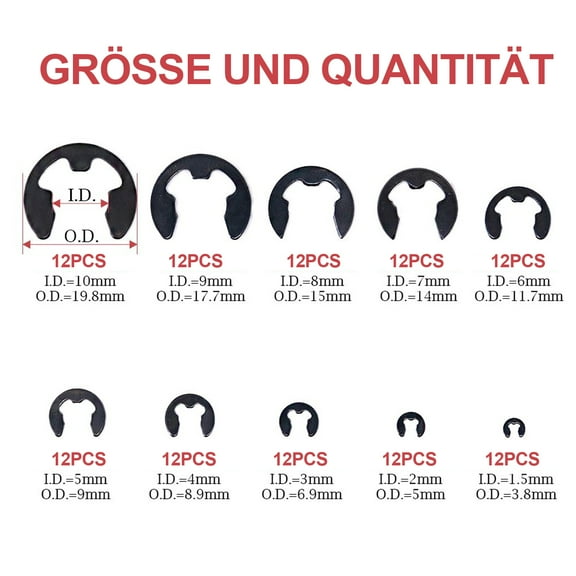 Versatile Fastening Solution, Stainless Steel E-Clip Set, Heat-Treated For Improved Tensile Strength, Concave Design For Spring-Like Retention, Clear Storage Box, 10 Size