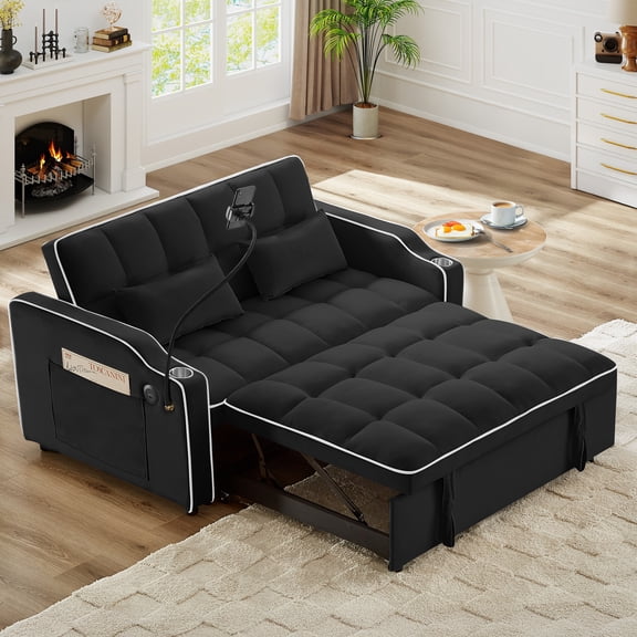 Versatile Foldable Double Seat Recliner,Comfortable Velvet Pull-Out Sleeper Sofa Bed with Side Pockets,USB Port,Swivel Phone Stand, Ashtray and Adjustable Backrest
