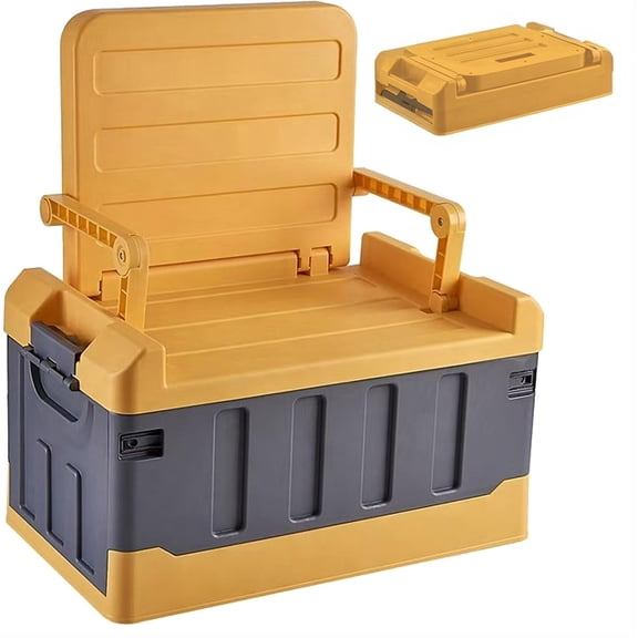 Versatile Foldable Seatable Car Organizer Box Heavy Duty Storage Bins With Lids Trunk,Durable Plastic,60L Can Store Clothes, Toys Camping Equipment in Large Capacity (yellow)