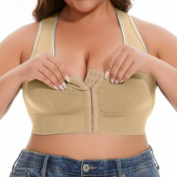 Versatile Front Closure Strapless Bra Everyday Comfort & Casual Wear; Supportive Wire-Free Ideal Push-Up For Smooth Invisible Look(Khaki-L,XX-Large)