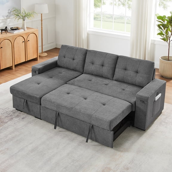 Versatile Gray Woven Fabric Sleeper Sectional Sofa with Storage Chaise