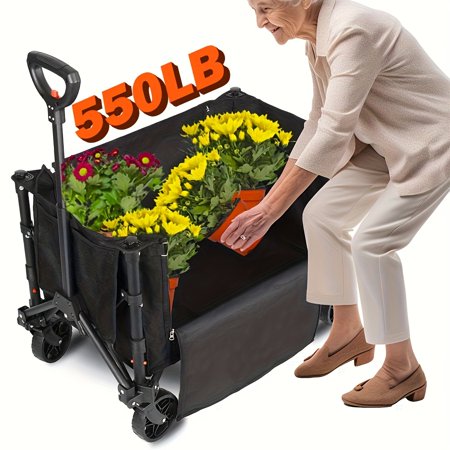 Versatile Heavy-Duty Collapsible Wagon Cart - Compact, Foldable Design with Durable Canvas for Groceries, Camping, Shopping & Gardening - Supports Up to 155lbs/31.7gal, Black
