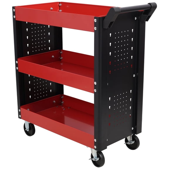 Versatile Heavy Duty Rolling Tool Cart with Three Tiers and Pegboard for Repair Shops and Garages, Steel
