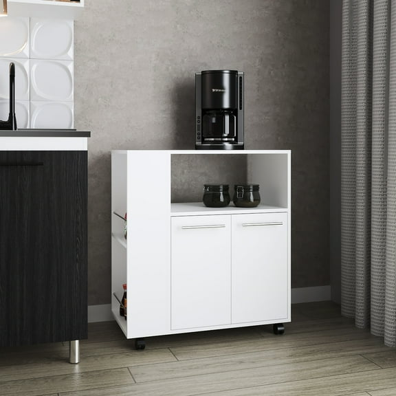 Versatile Kitchen Cart In White With Microwave Shelf, Open Storage, Two-door Cabinet Cart: Storage Bin,