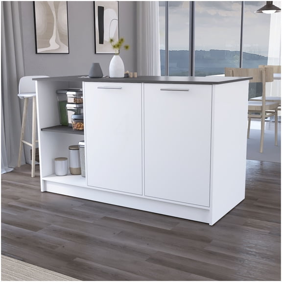 Versatile Kitchen Center Island with Prep Counter, Double Door Storage & Open Shelving