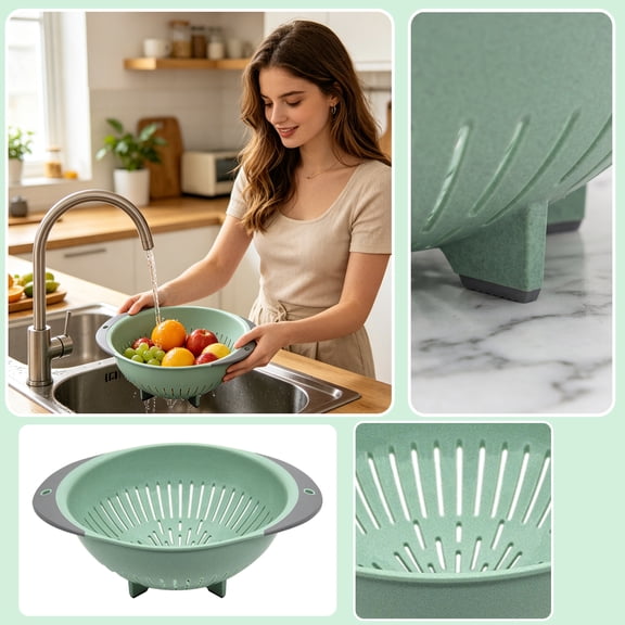 Versatile Kitchen Colander Basket, Round Vegetable Washing Strainer and Berry Bowl with Rubber Grip Handle, Non Slip Base Plastic Drainer for Food Prep,1 Pack