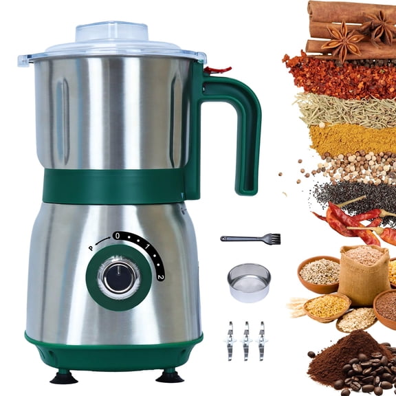Versatile Kitchen Grinder | 500W Electric Mill | Grinds Spices, Nuts, Grains, Coffee | 3 Stainless Steel Blades | Dry Use (Green)