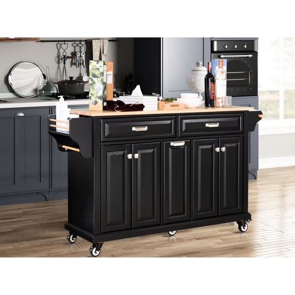 Versatile Kitchen Island With Solid Wood Panels And Storage, Black For Dining Room Cart Ample Storage Space, Area