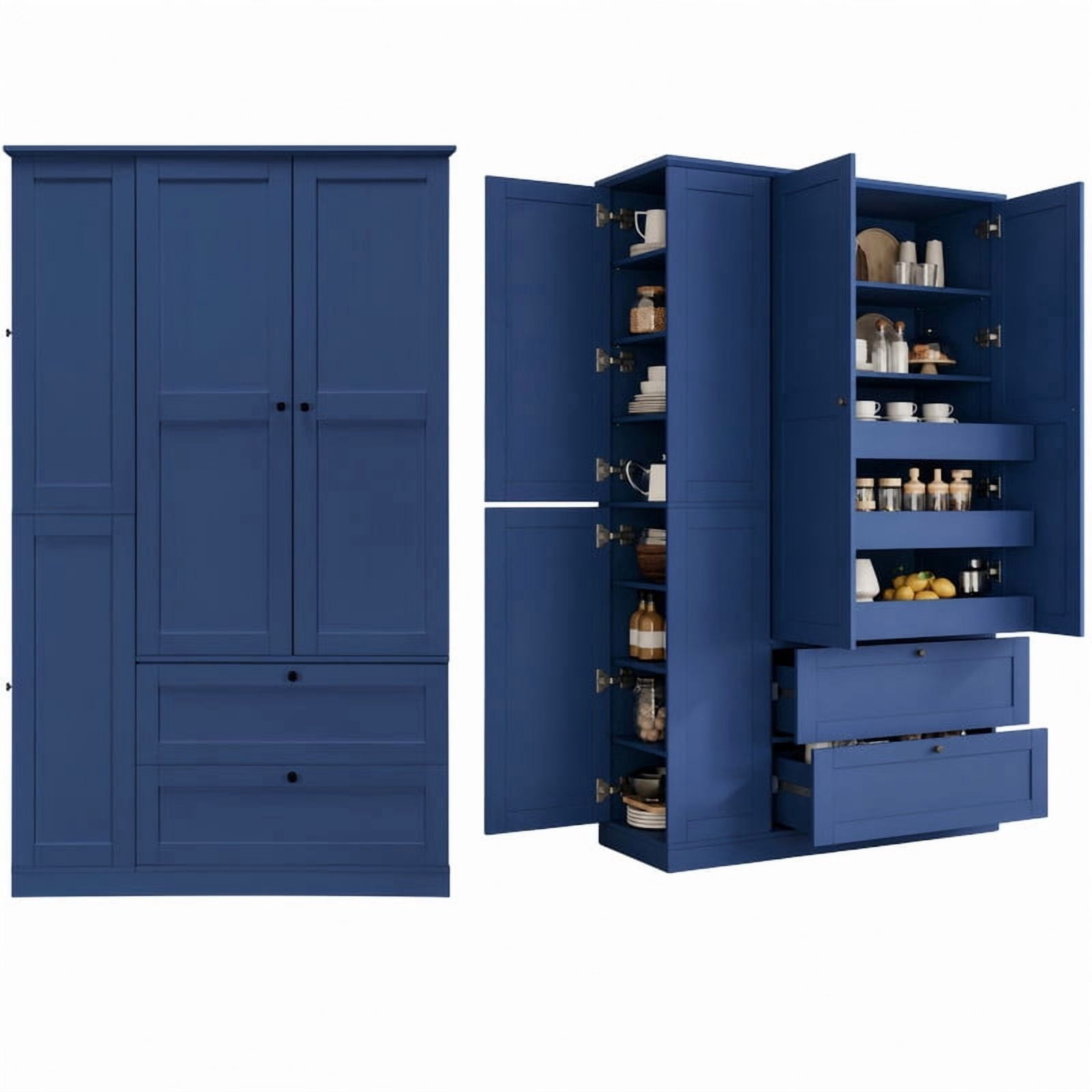 Versatile Kitchen Pantry with Shelves, Drawers, Pull-Out Trays & Side Storage Cabinets, Hutch Cupboard with Adjustable Shelf
