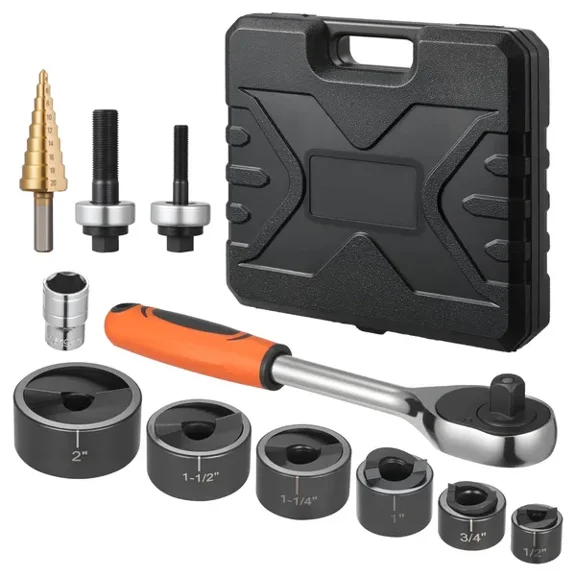 Versatile Knockout Punch Set for 1/2 to 2 Inch Holes in Aluminum,Mild Steel,Fiberglass,and Plastics-6 Durable Sizes,40Cr Steel Ratchet Tool Kit