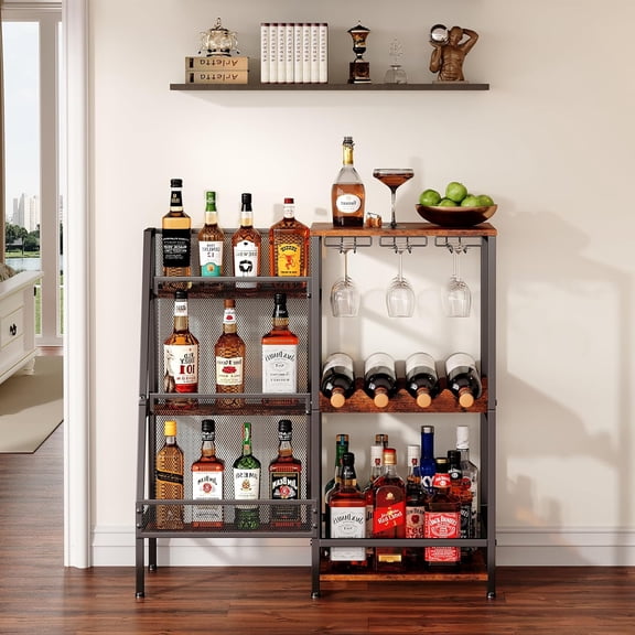 Liquor Stand for Home Bar, Wine Rack Freestanding Floor, Mini Bar Table for Liquor Whiskey Wine, 3-Tier Trapezoidal Liquor Bottle Display Shelf with Glass Holder and Fences