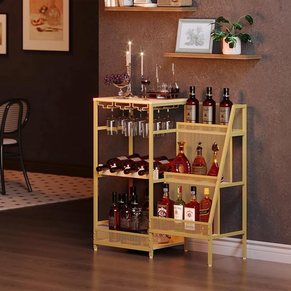 Versatile Liquor Stand for Home Bar, Wine Rack Freestanding Floor, Mini Bar Table for Liquor Whiskey Wine, 3-Tier Trapezoidal Liquor Bottle Display Shelf with Glass Holder and Fences(Patent Pending)