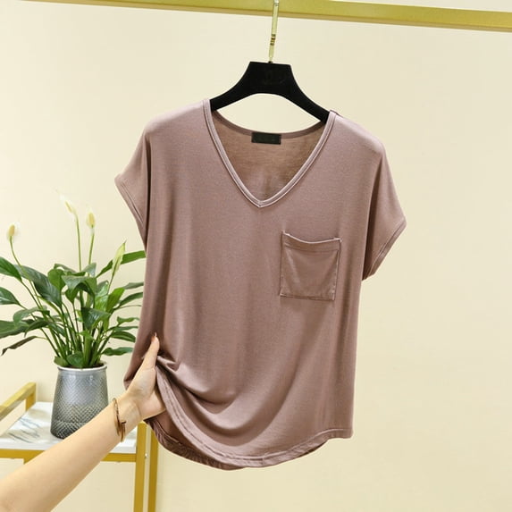 Versatile Loose V Neck Pocket Short Sleeved T Shirt Women's Summer Thin Wear Top For Solid Color Inner Layering Shirt Women Thermal Shirts Thermal Base Layer Men Top Thermal Underwear Mens Base Layer