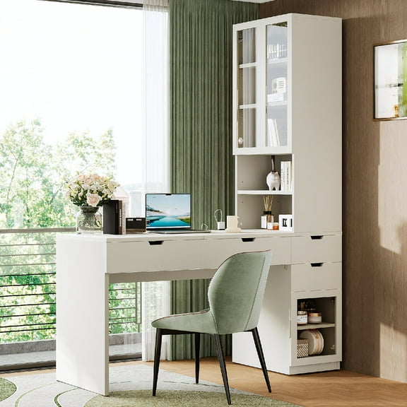 Versatile Makeup Vanity Desk with Mirror and Charging Station, Dressing Table with 8 Hidden Storage Compartments, Computer Desk with 3 Drawers, 2 Cabinets and Open Shelves, Home Office Desk, White