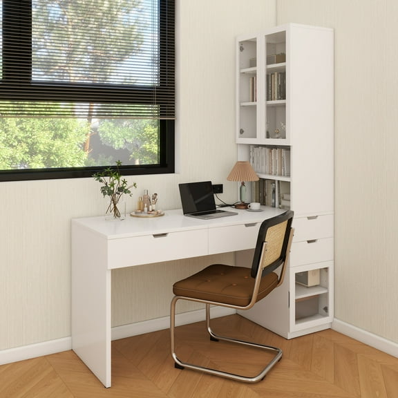Versatile Makeup Vanity Desk with Mirror and Charging Station, Dressing Table with 8 Hidden Storage Compartments, Computer Desk with 3 Drawers, 2 Cabinets and Open Shelves,Home Office Desk, White