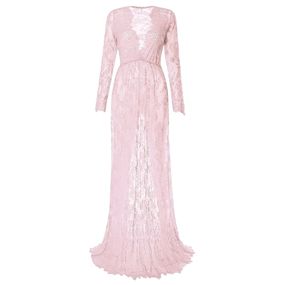 Versatile Maternity Long Sleeve V Neck Sheer Lace Dress Bodycon Fit Trailing Train for Various Formal Activity