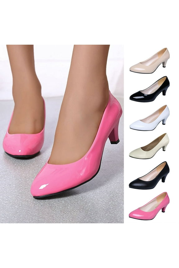 Versatile Medium Heeled Four Season Women's Loose Feet Shallow Mouth Fashion Solid Color Single/Work Leather Shoes Pink qILAKOG Size 9