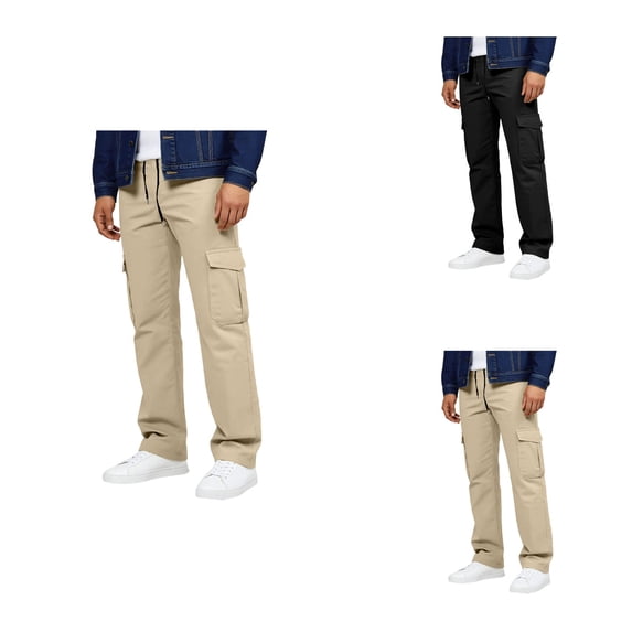 Versatile Men's Cargo Pants, Straight Leg Cotton Twill Trousers with 6 Pockets, Elastic Waist Relaxed Fit for Autumn Casual Streetwear