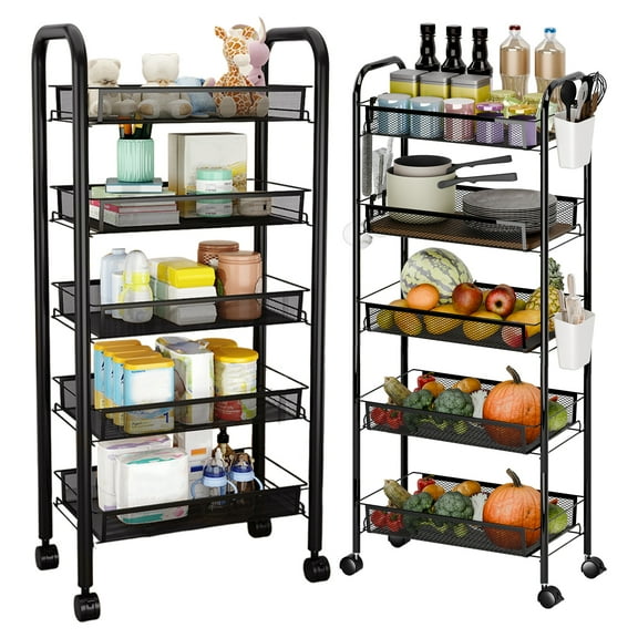 Versatile Metal 5-Tier Rolling Storage Rack - Multi-Functional Display Shelf for Home & Office Organization