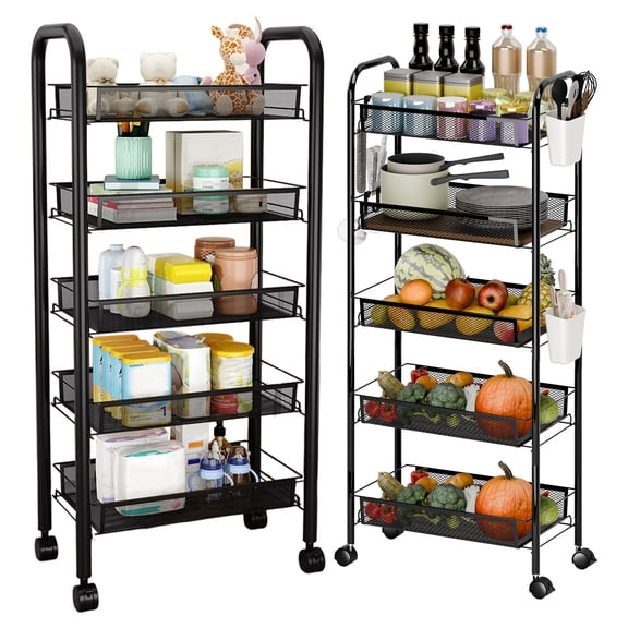 Rlietter Versatile Metal 5-Tier Rolling Storage Rack - Multi-Functional Display Shelf for Home & Office Organization