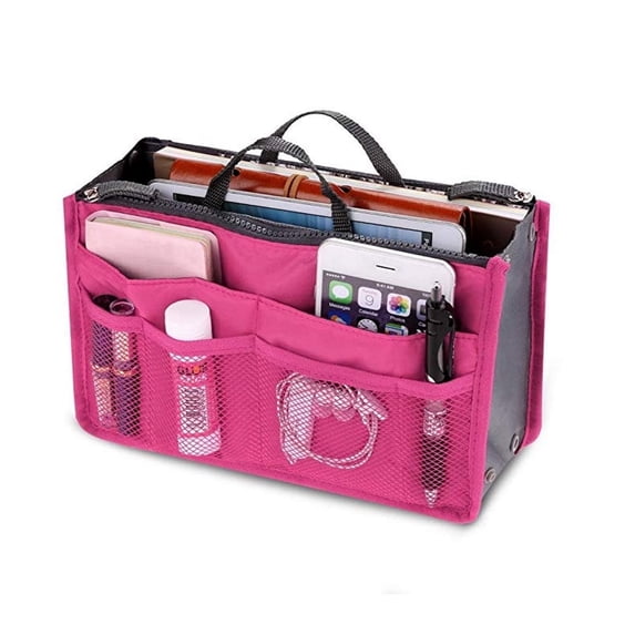 1-Pack Purse Organizer Insert with Zipper Handles, 13-Pocket Multi-Compartment Handbag Tote Liner, Compact Travel Bag-in-Bag for Women Rose Pink TIKA