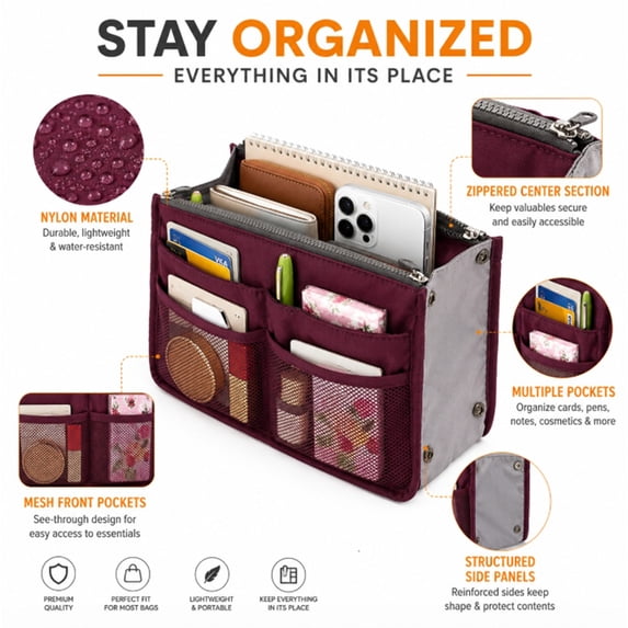 1-Pack Purse Organizer Insert with Zipper Handles, 13-Pocket Multi-Compartment Handbag Tote Liner, Compact Travel Bag-in-Bag for Women Wine TIKA