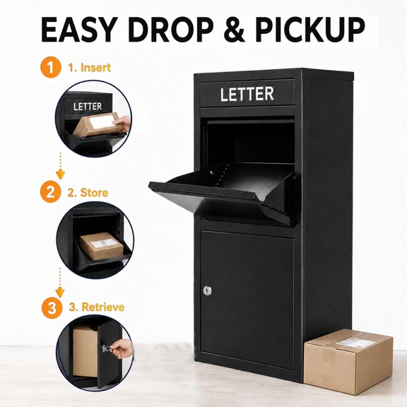 Versatile Multi-Use Parcel Drop Box, Lockable Black Mail Box for Magazines Envelopes Packages, Fits Home Porch & Front Door