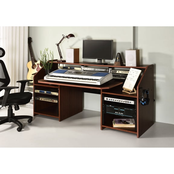 Versatile Music Work Desk for Studios | Support Music Creation, Organize Essentials | Cherry Finish Synthetic Wood Tabletop | Open Compartments and Shelf Above