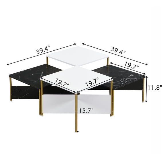 Versatile Nesting Coffee Tables Set of 4 - Mid Century Modern Square Living Room Table, Free Adjustable Shape, Stylish Accent Furniture for Small Space, Black & White MDF with Gold Legs