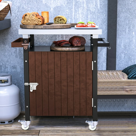 Versatile Outdoor Grill Table With Smart Storage - Movable Bbq Serving Cart Waterproof Top Wheels And