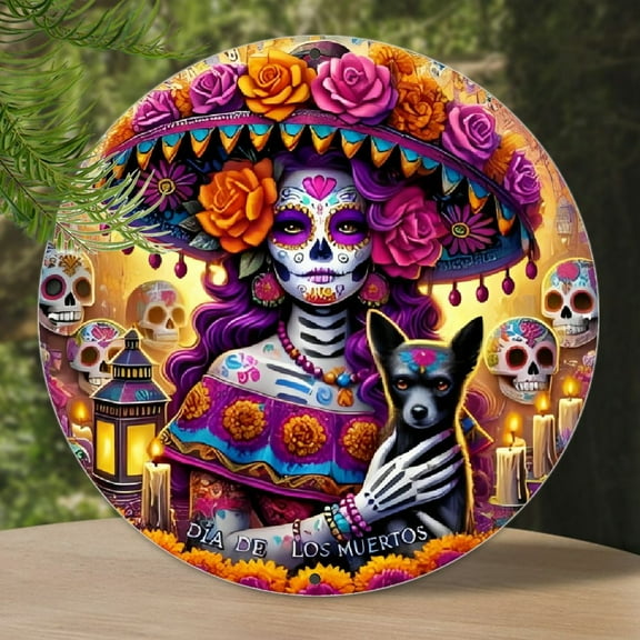 [Versatile Outdoor Hanging Art] 1pc Dia de Los Muertos Sugar Skull Wreath Sign, Round Aluminum Engraved Decor for Home, Porch, Wall, Window - Versatile Outdoor Hanging Decoration, Day of the Dead