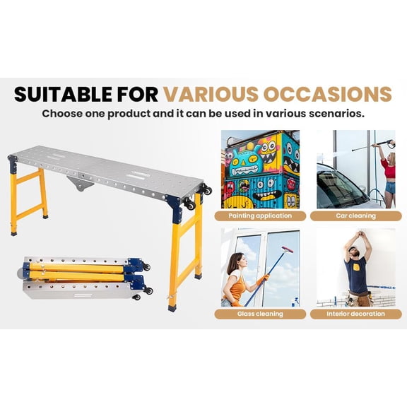 Versatile Portable Steel Work Platform and Welding Table with Casters | 65 x 12-inch Galvanized Tabletop | 1100 lbs. Load Capacity | Adjustable Height