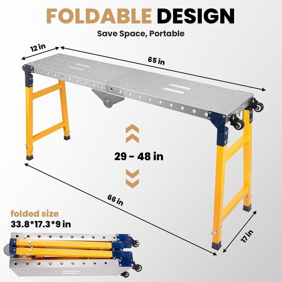 Versatile Portable Steel Work Platform and Welding Table with Casters | 65 x 12-inch Galvanized Tabletop | 1100 lbs. Load Capacity | Adjustable Height