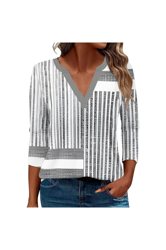 Versatile Printed 3/4 Sleeve Blouse, Women's V-Neck Casual Top