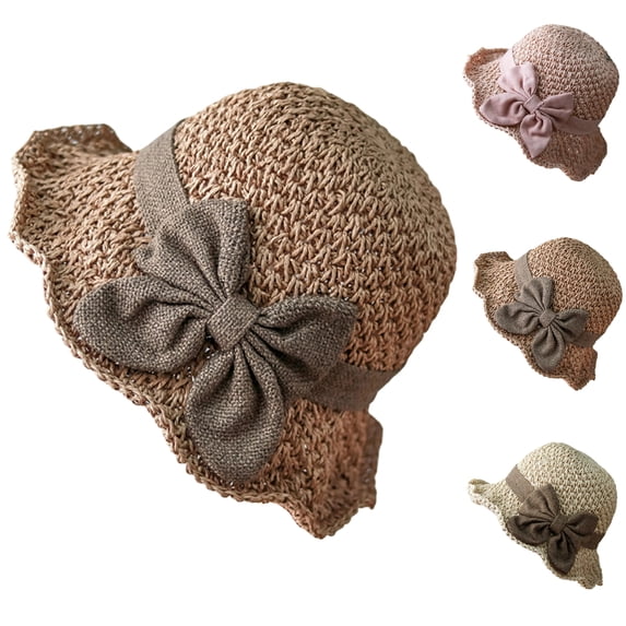 Versatile Retro Woven Handmade Straw Beach Hat with Ruffled Bow Women French Bucket Sun Hat Crochet Foldable Breathable Coffee