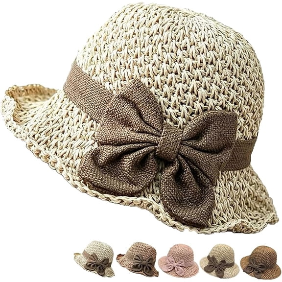 Versatile Retro Woven Handmade Straw Hat with Ruffled Bow, Elegant Crochet Straw, Foldable Breathable for Women