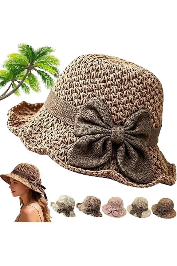 Versatile Retro Woven Handmade Straw Hat with Ruffled Bow, Elegant Crochet Straw, Foldable Breathable